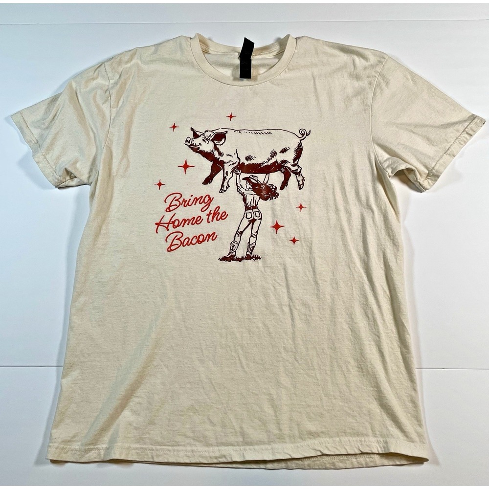 Gildan T-Shirt Unisex Large Cream Bring Home the Bacon Graphic Cowgirl Pig Soft